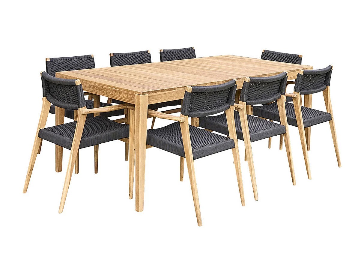 SaSet da giardino in teak massello e corda nera 8 pers.