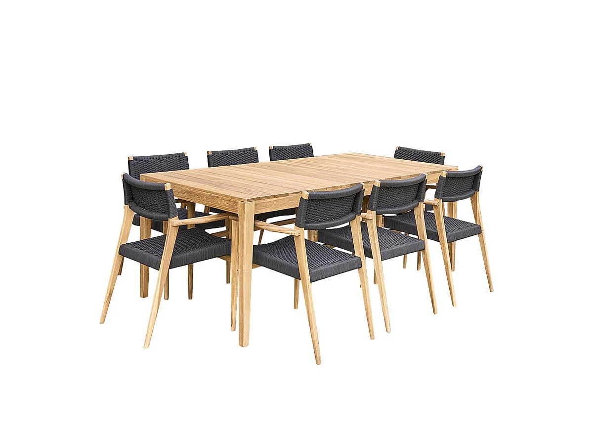 Set di mobili da giardino, legno di teak massello e corda nera 8 pers