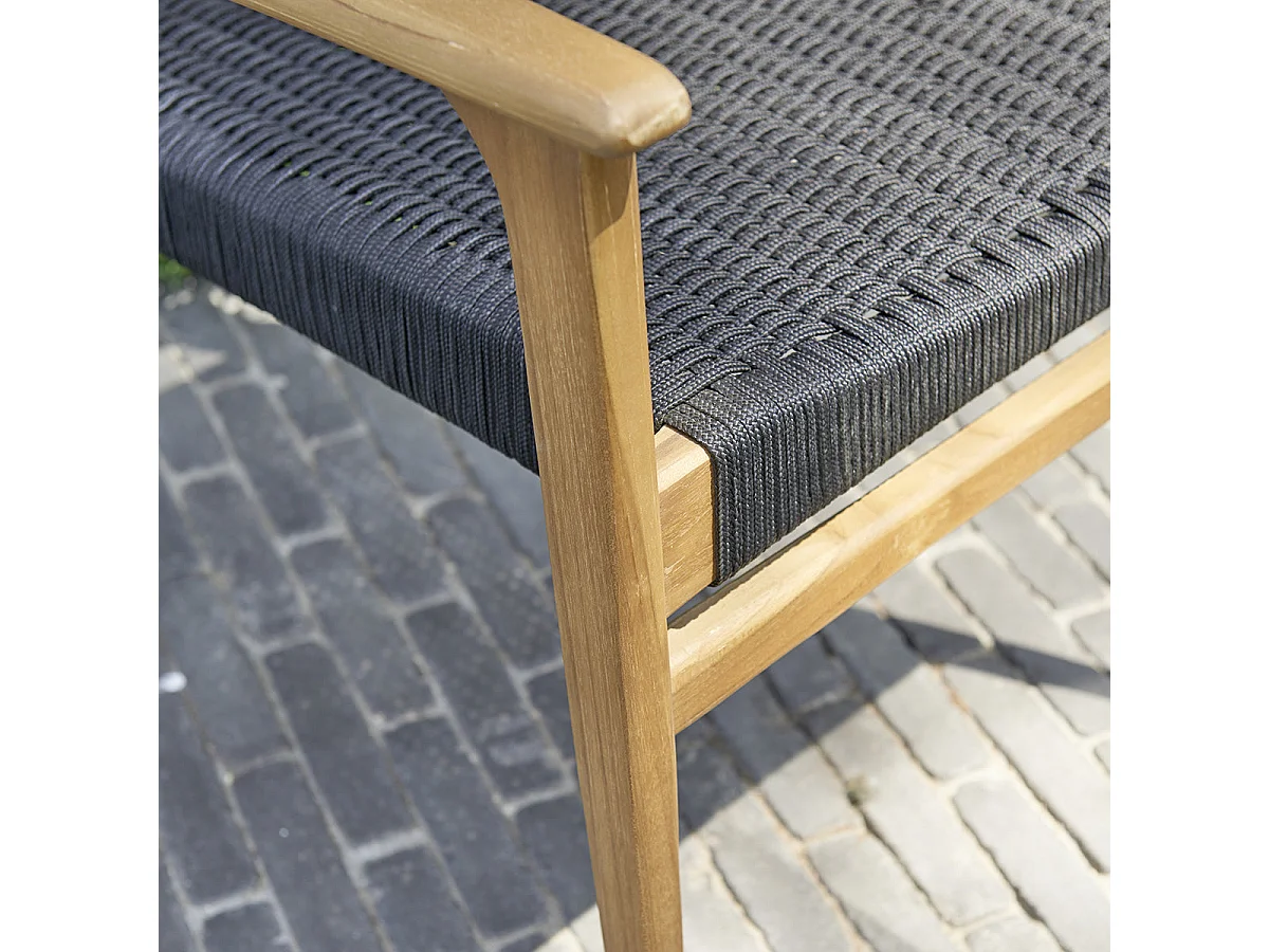 Set di mobili da giardino, legno di teak massello e corda nera 8 pers