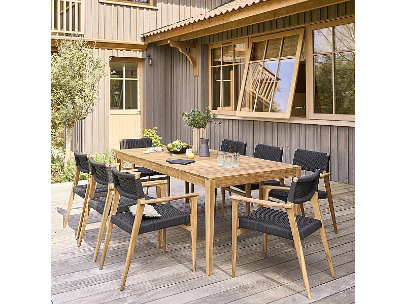 SaSet da giardino in teak massello e corda nera 8 pers.