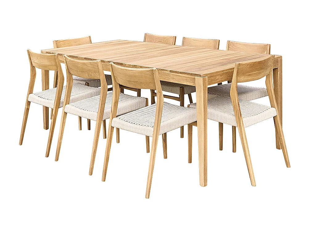 Salón de jardín de madera teca maciza y cuerda beige 8 pers.