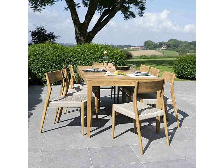 Salón de jardín de madera teca maciza y cuerda beige 8 pers.