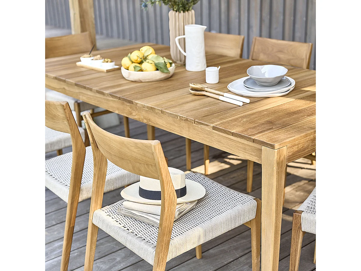 Salón de exterior de teca maciza y cuerda beige para 8 pers.
