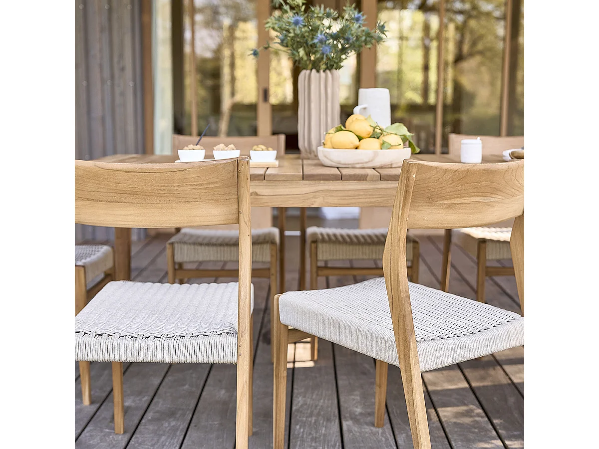 Salón de exterior de teca maciza y cuerda beige para 8 pers.