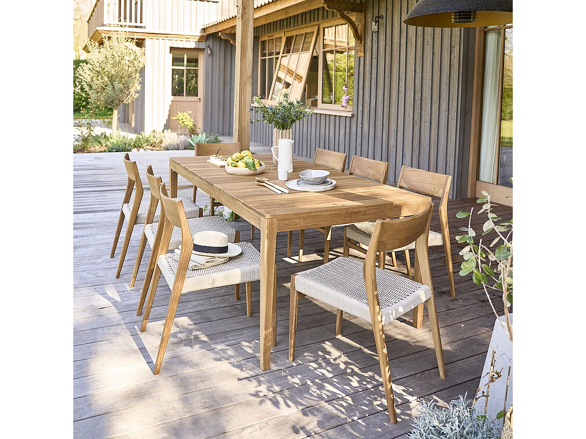 Salón de exterior de teca maciza y cuerda beige para 8 pers.