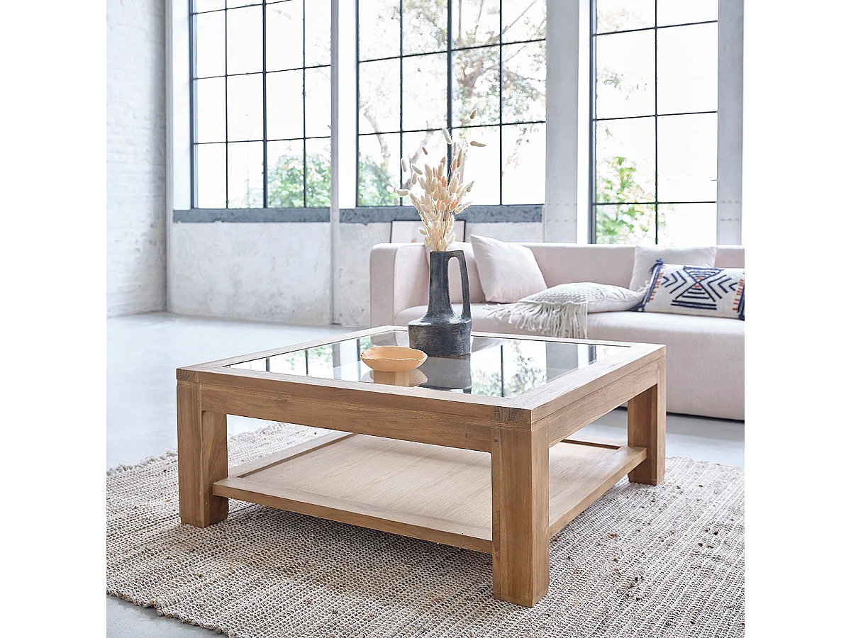 Mesa de centro de madera de teca maciza y vidrio