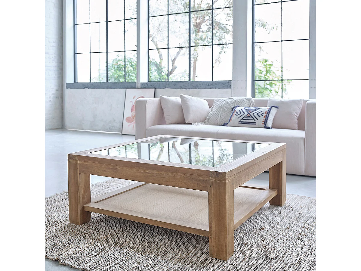 Mesa de centro de madera de teca maciza y vidrio