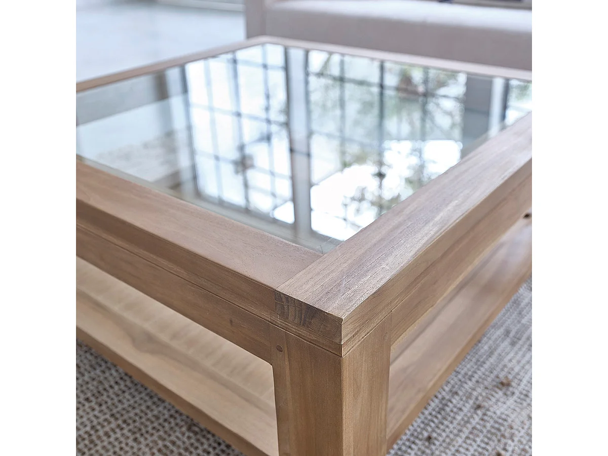 Mesa de centro de madera de teca maciza y vidrio