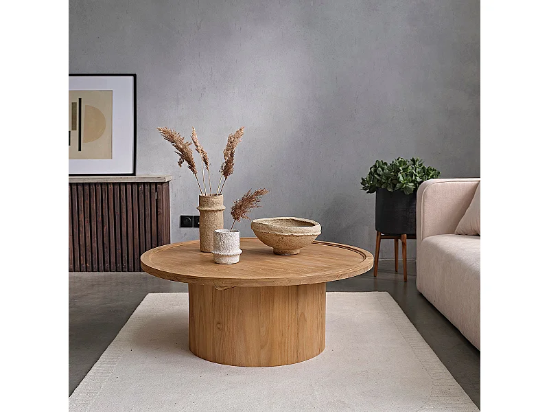 Mesa de centro redonda de madera de teca maciza