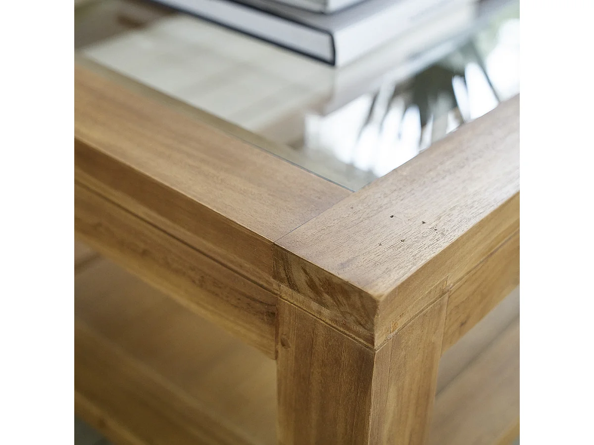 Mesa de centro de madera de teca maciza y vidrio
