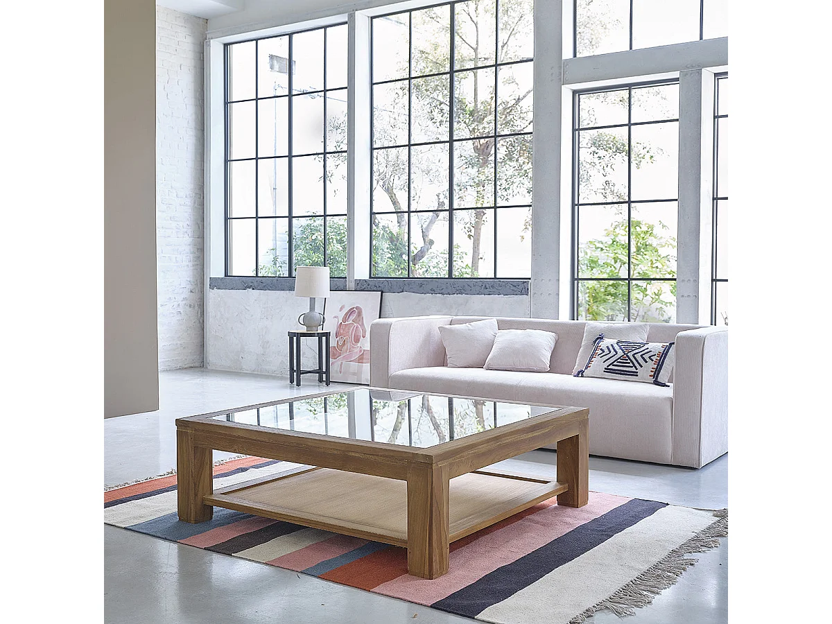 Mesa de centro de madera de teca maciza y vidrio