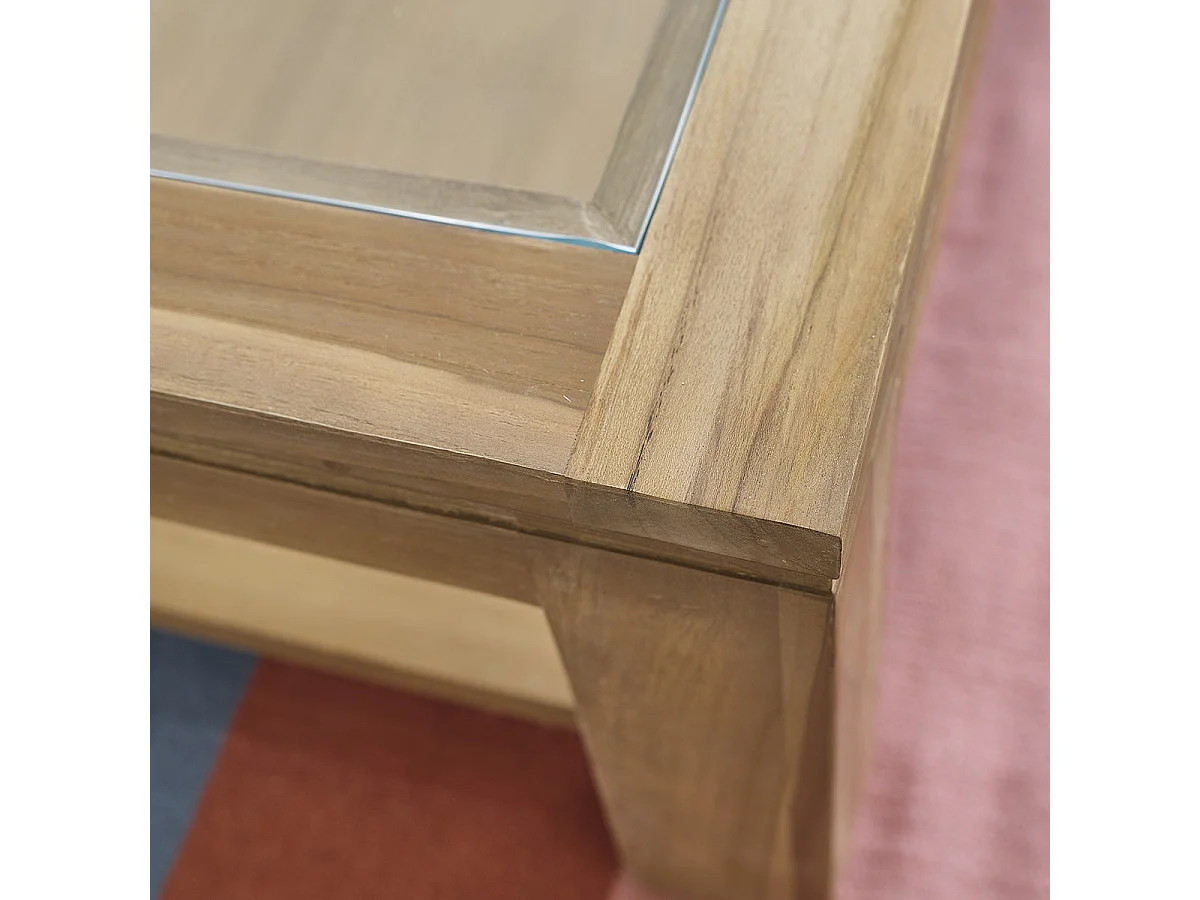 Mesa de centro de madera de teca maciza y vidrio