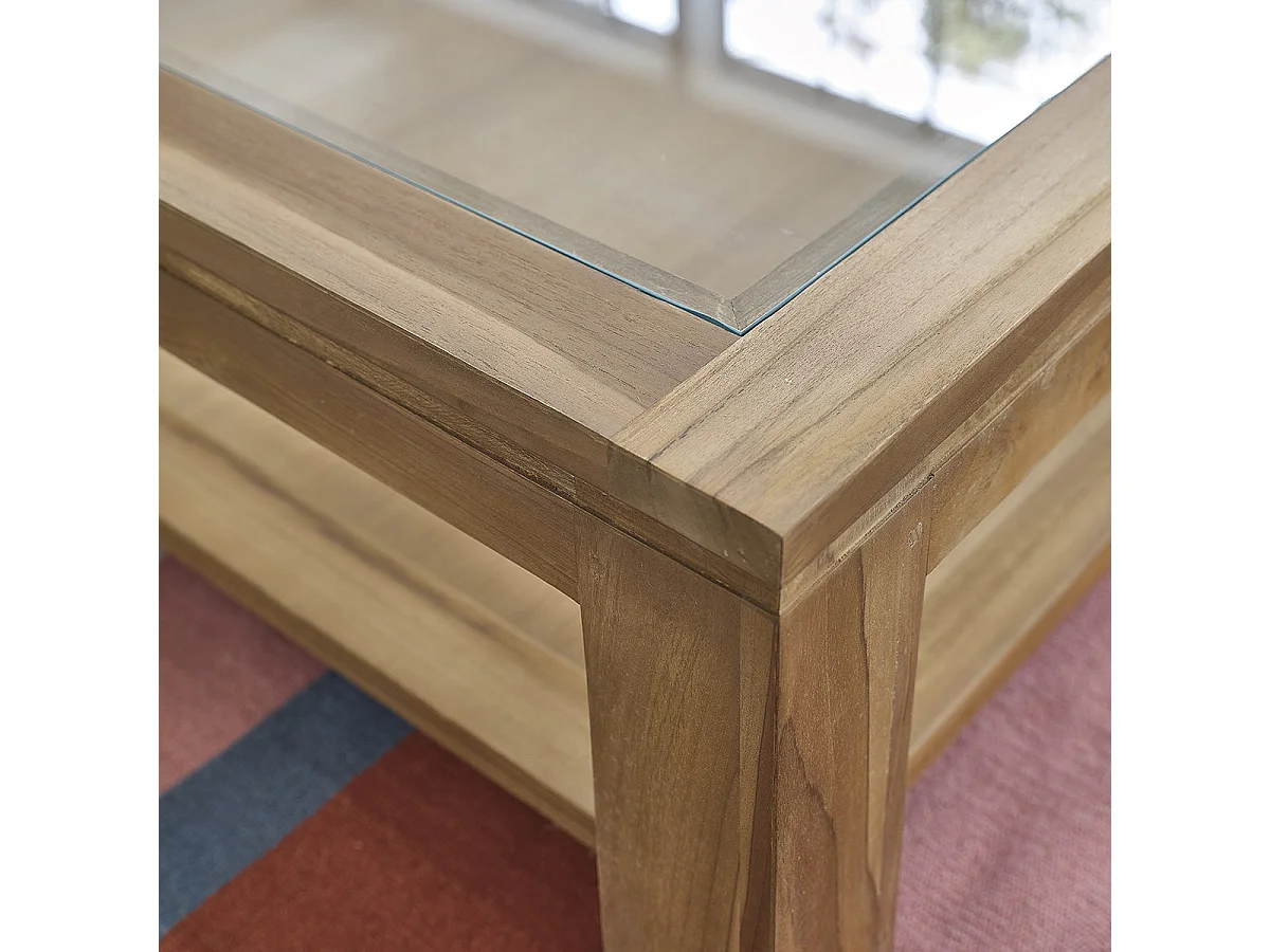 Tavolino in legno massello di teak con piano in vetro