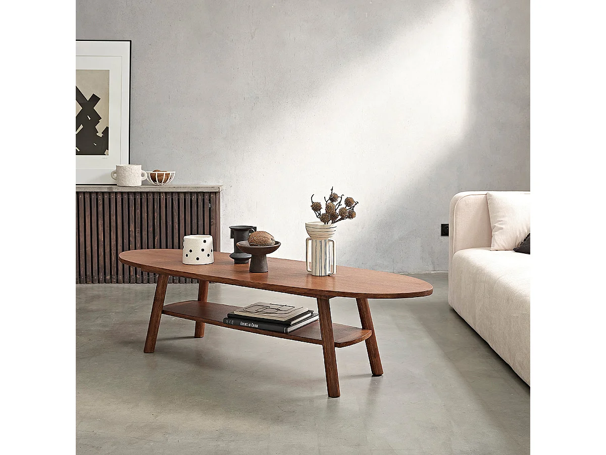 Mesa de centro de madera de mindi maciza con acabado nogal