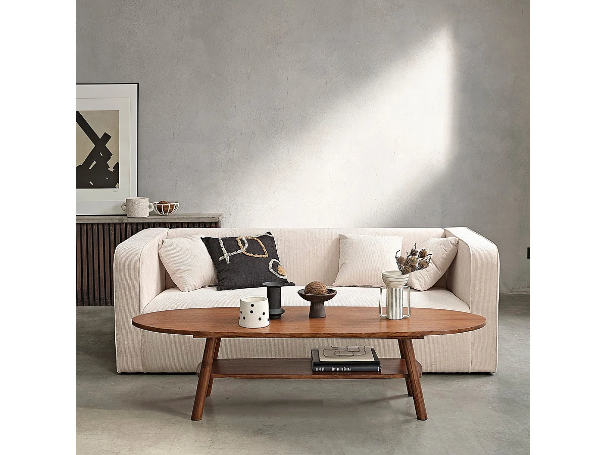 Mesa de centro de madera de mindi maciza con acabado nogal