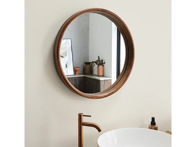 Specchio rotondo in mindi massello con finitura in noce Ø50 cm