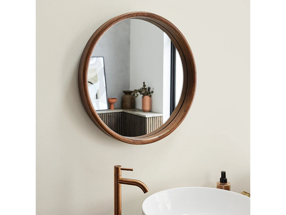Espejo redondo de madera de mindi maciza con acabado nogal Ø50 cm
