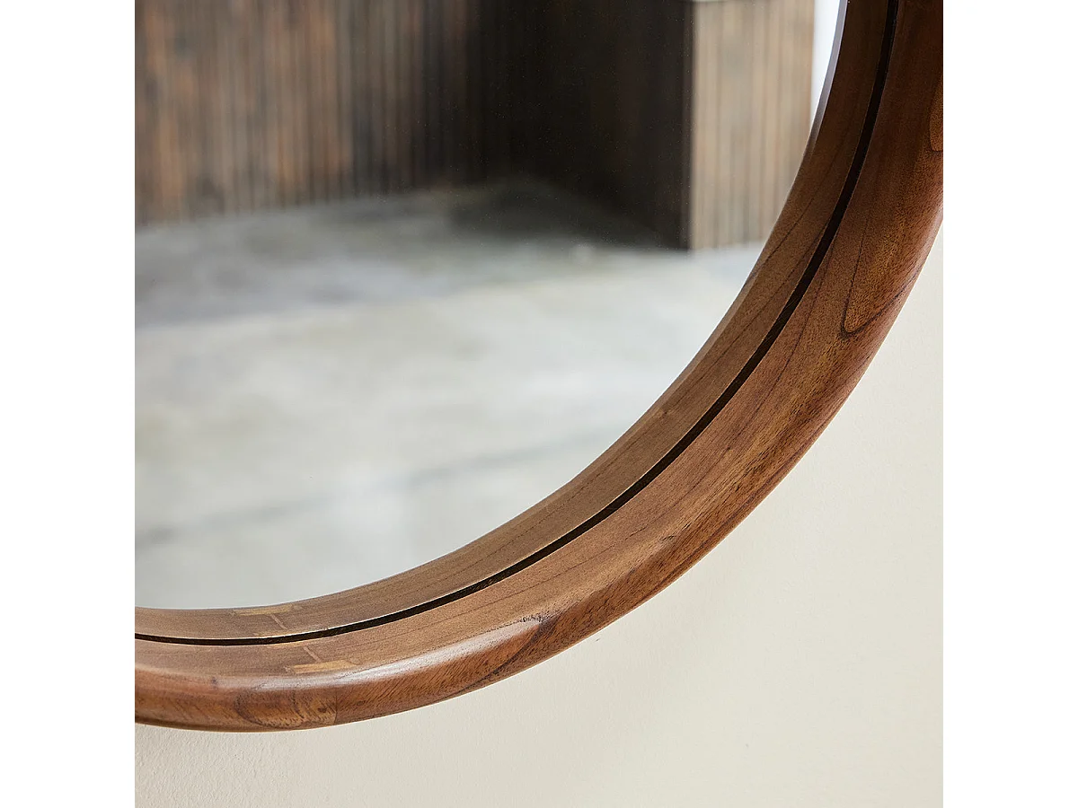 Espejo redondo de madera de mindi maciza con acabado nogal Ø50 cm