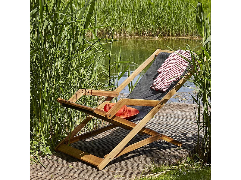 Sdraio in legno massello di acacia e textilene grigio
