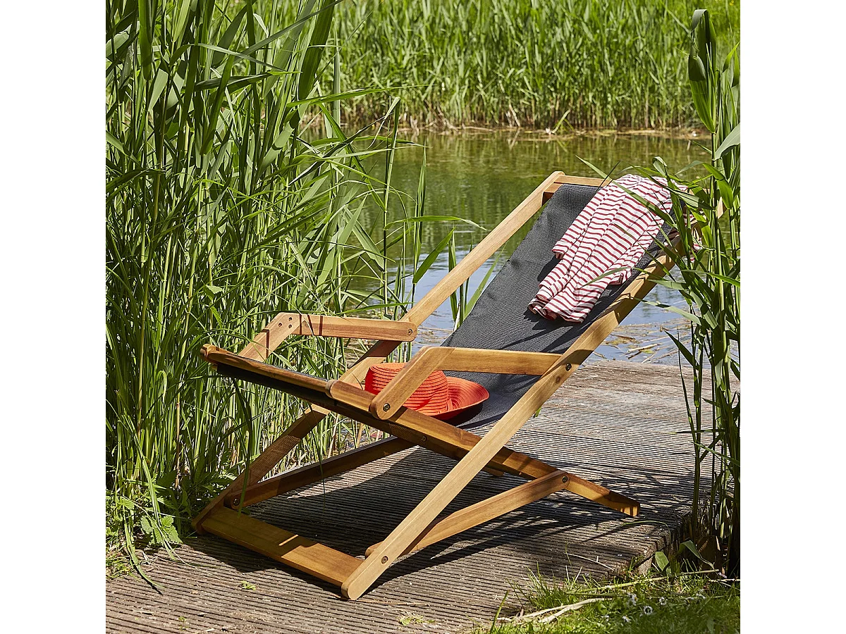 Set di 2 sdraio in legno massello di acacia e textilene nero