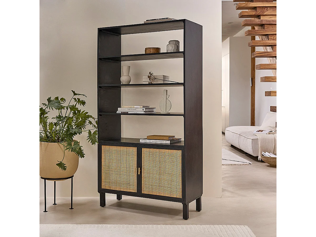 Libreria in mango massello nera e vimini