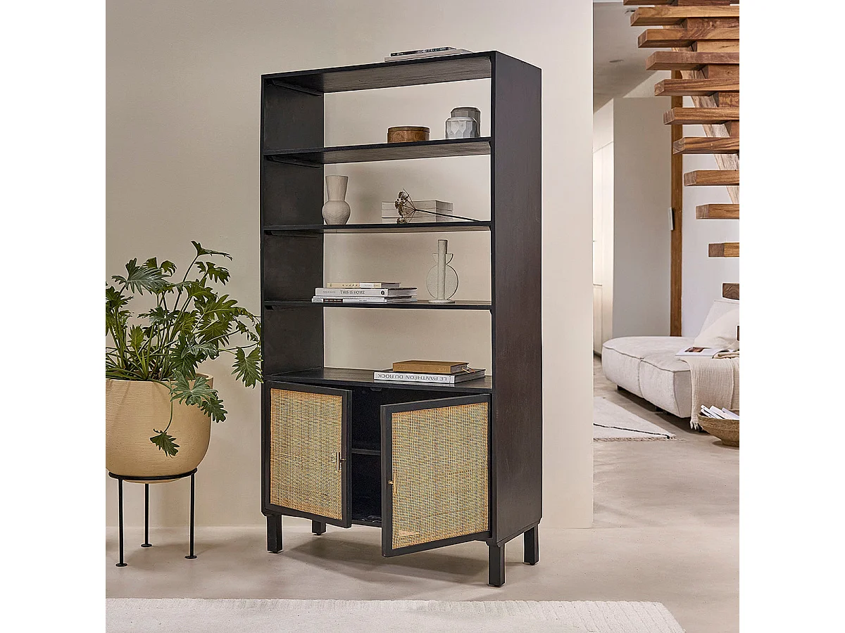 Libreria in mango massello nera e vimini