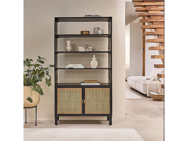 Libreria in mango massello nera e vimini