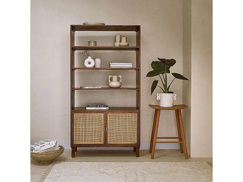 Libreria in mango e vimini finitura noce 170 cm