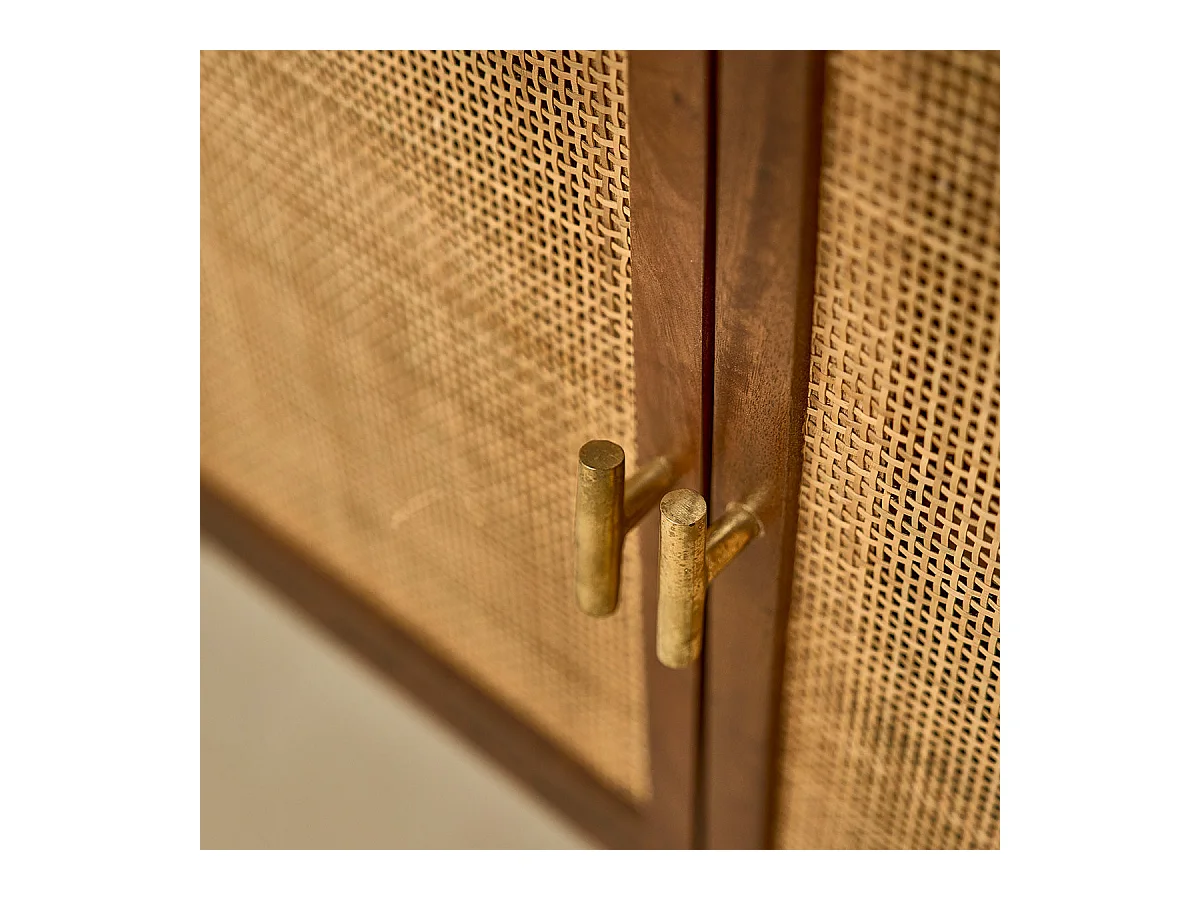 Bibliothèque en bois de manguier finition noyer et cannage