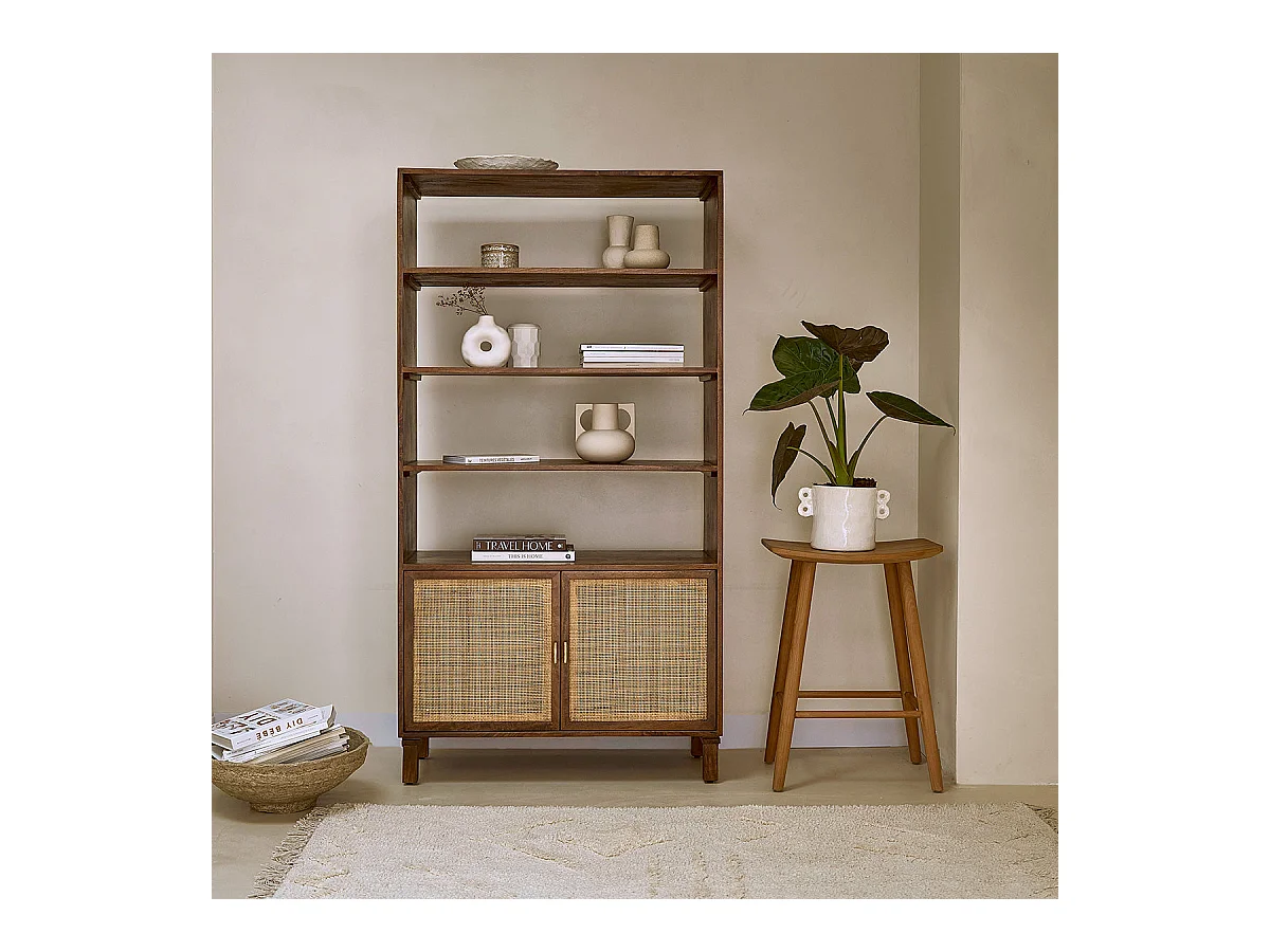 Libreria in mango e vimini finitura noce 170 cm