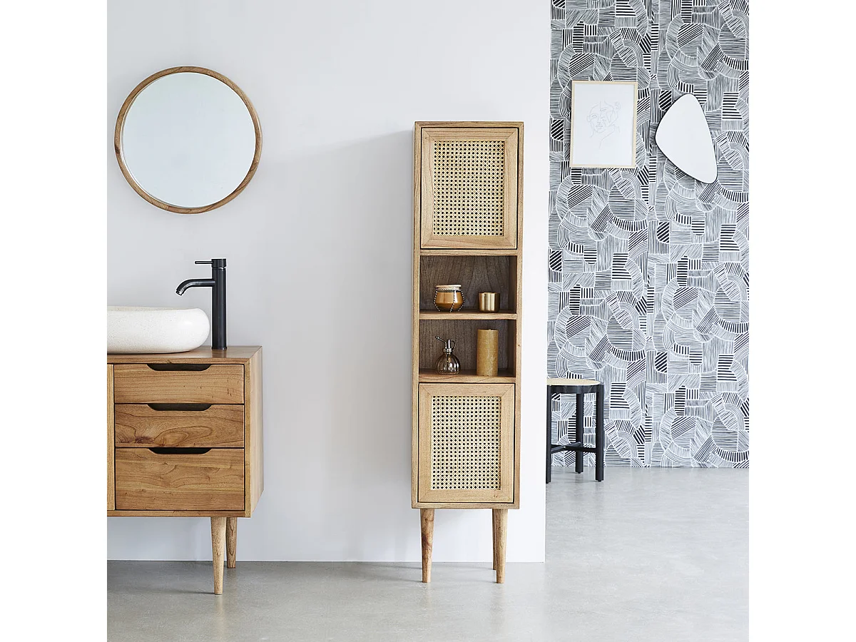 Armario de baño de madera de mindi maciza y rejilla