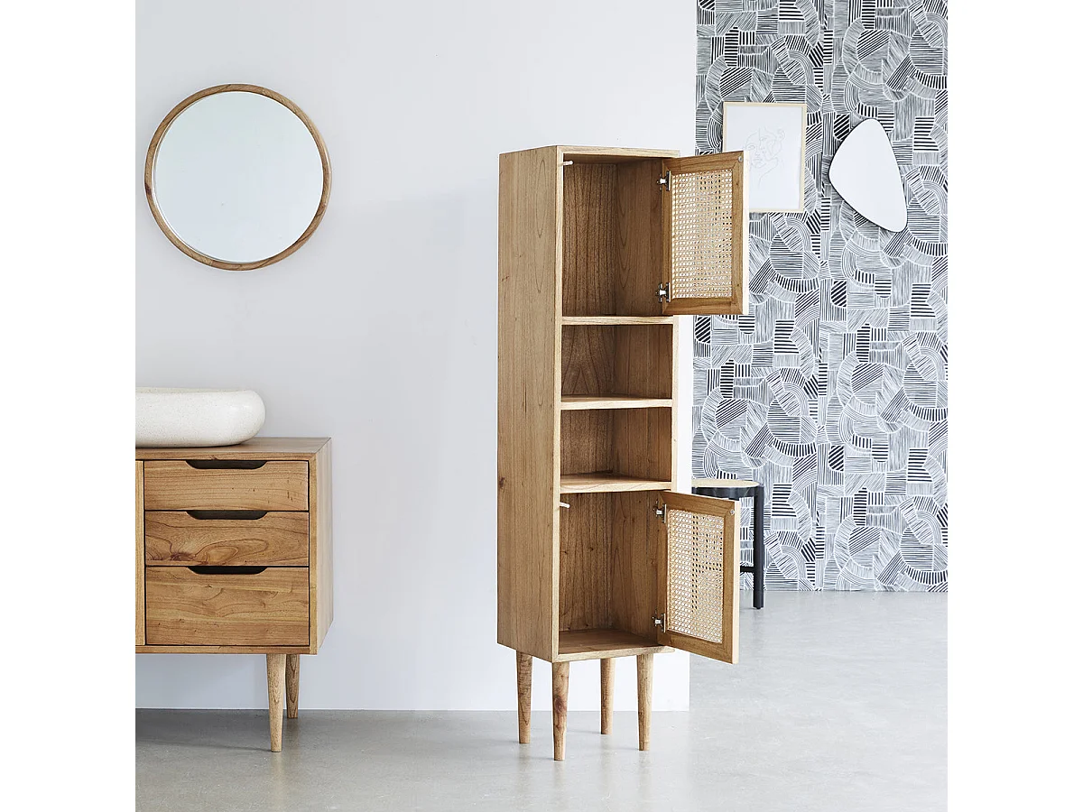 Colonna da bagno in legno massello di mindi e cannage