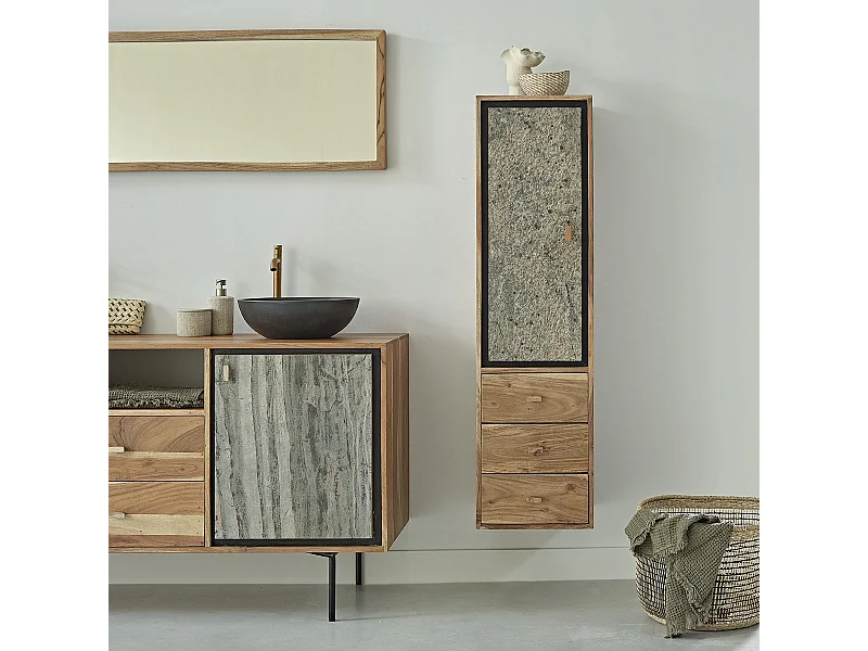 Colonna da bagno in acacia massiccia e pietra sospesa