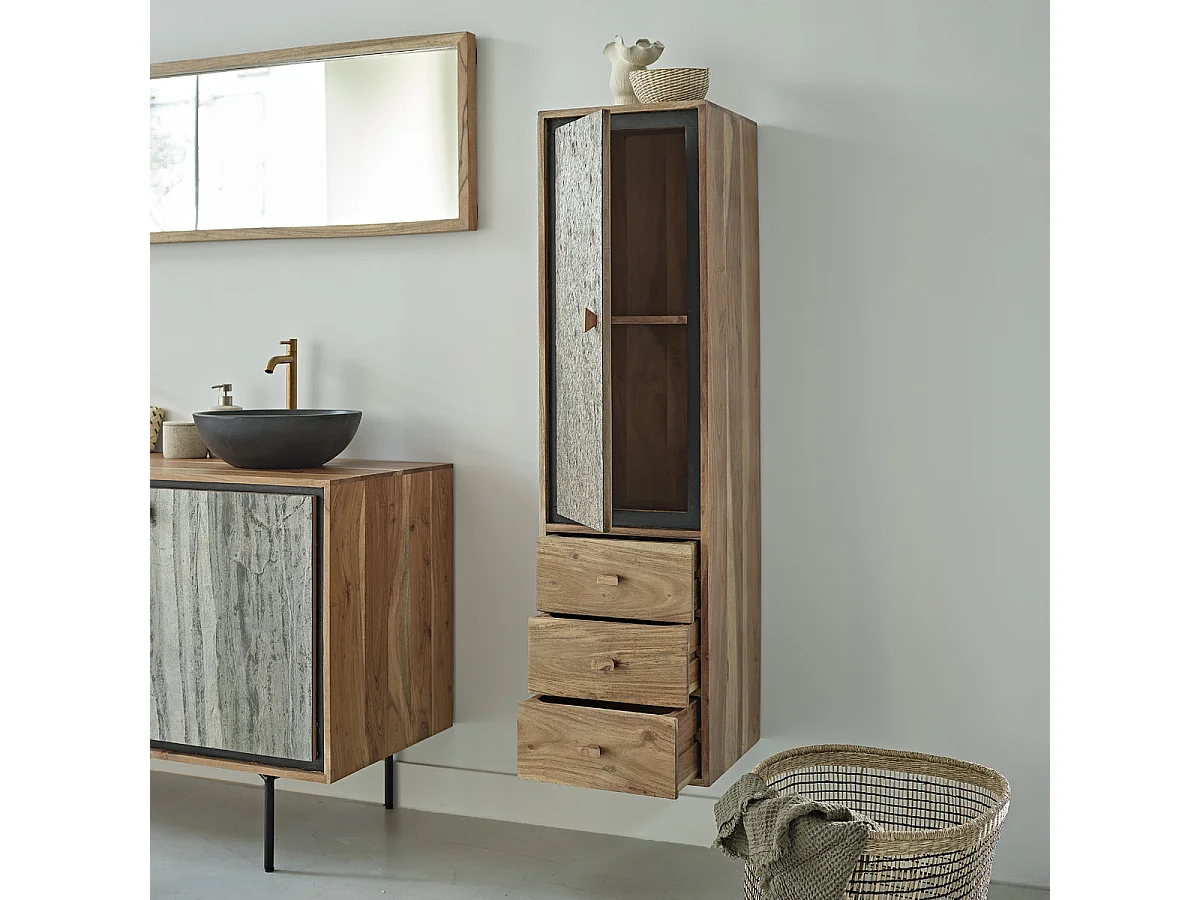 Colonna da bagno in acacia massiccia e pietra sospesa