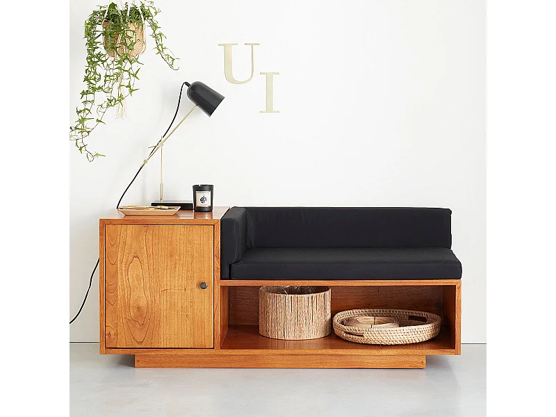 Banco de madera de mindi maciza con cojines negros