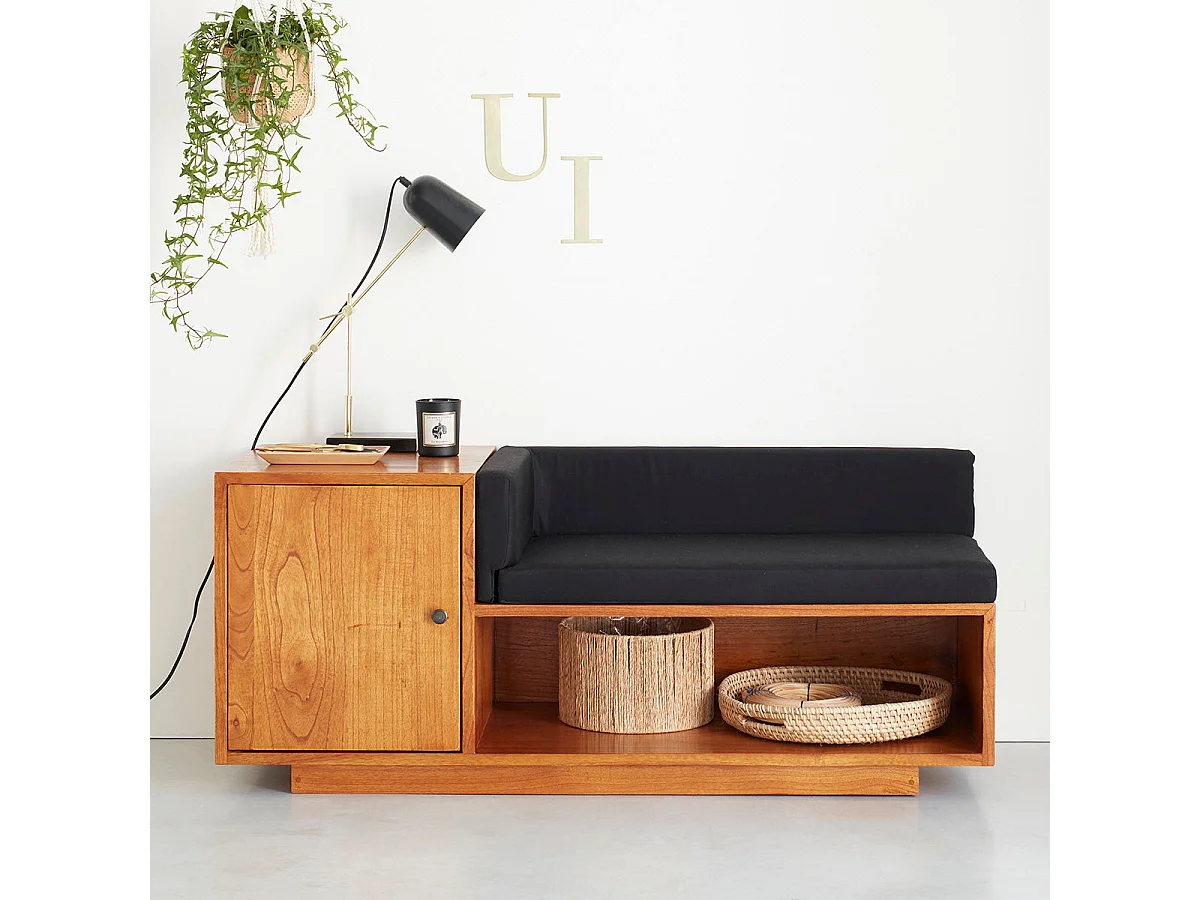 Banco de madera de mindi maciza con cojines negros