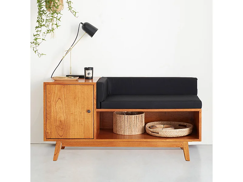 Banc en mindi massif avec coussins noirs