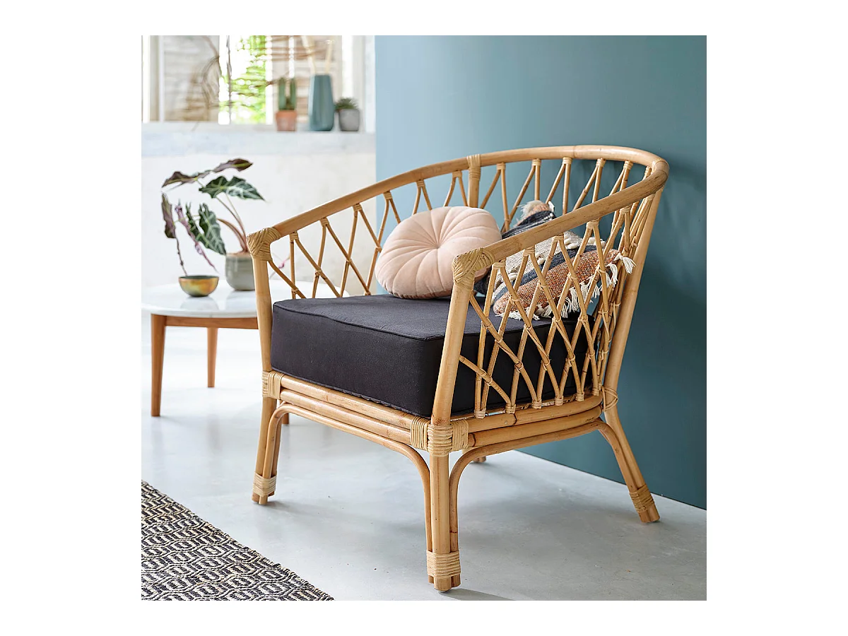 Fauteuil en rotin, coussin inclus