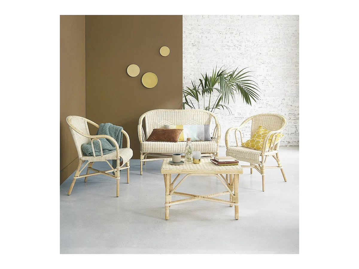 Juego de 1 sofá, 2 sillones y 1 mesa de centro de ratán