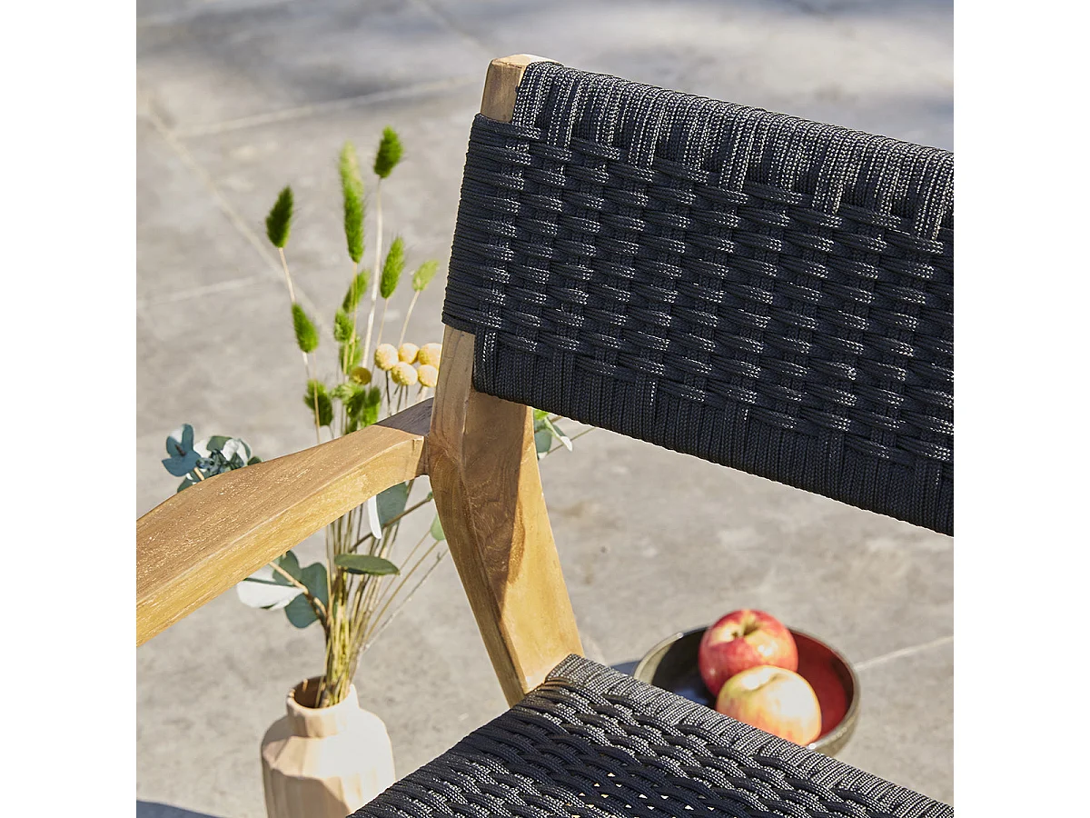 Banc de jardin en teck massif et cordage 165cm Noir MANILLE