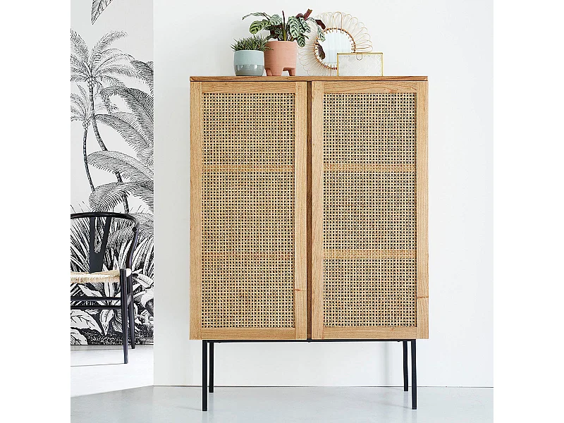 Armoire 2 portes en bois de mindi massif et cannage