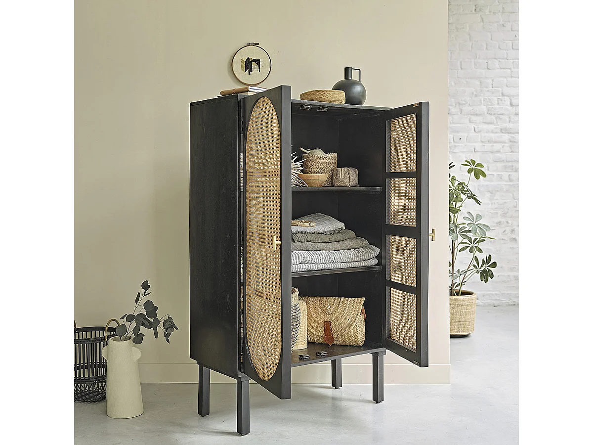 Armoire 2 portes en bois massif et cannage