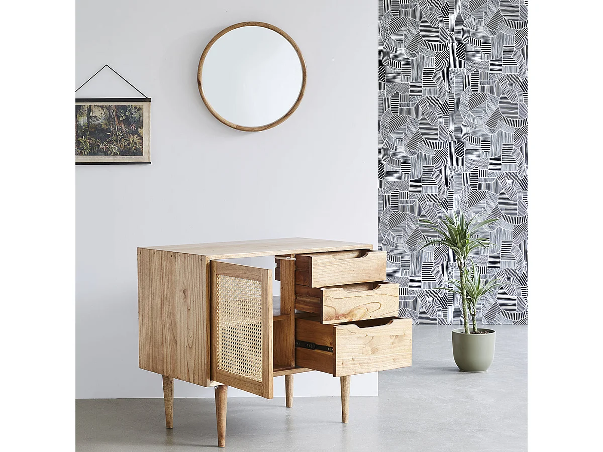 Meuble sous vasque en mindi massif et cannage 85 cm HANA
