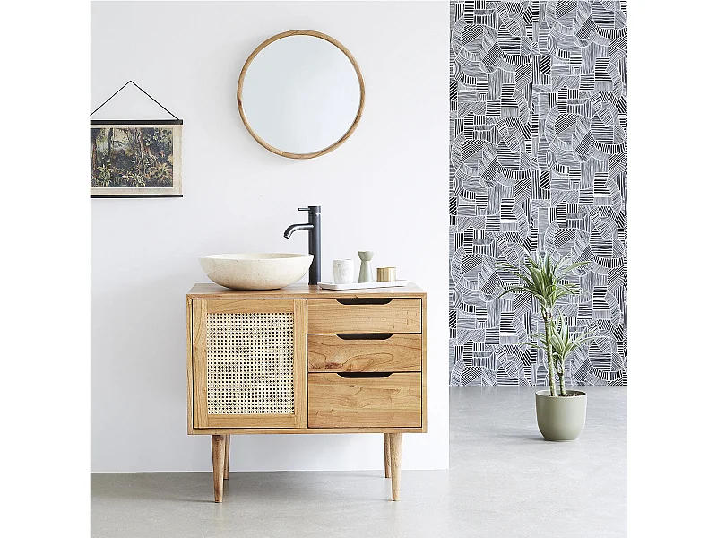 Mueble de baño de madera de mindi maciza y rejilla de 85 cm