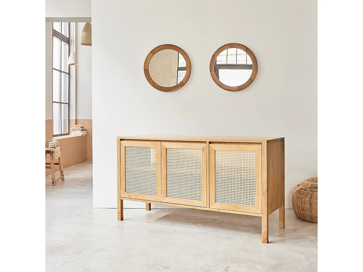 Meuble sous vasque en teck massif et cannage 145 cm