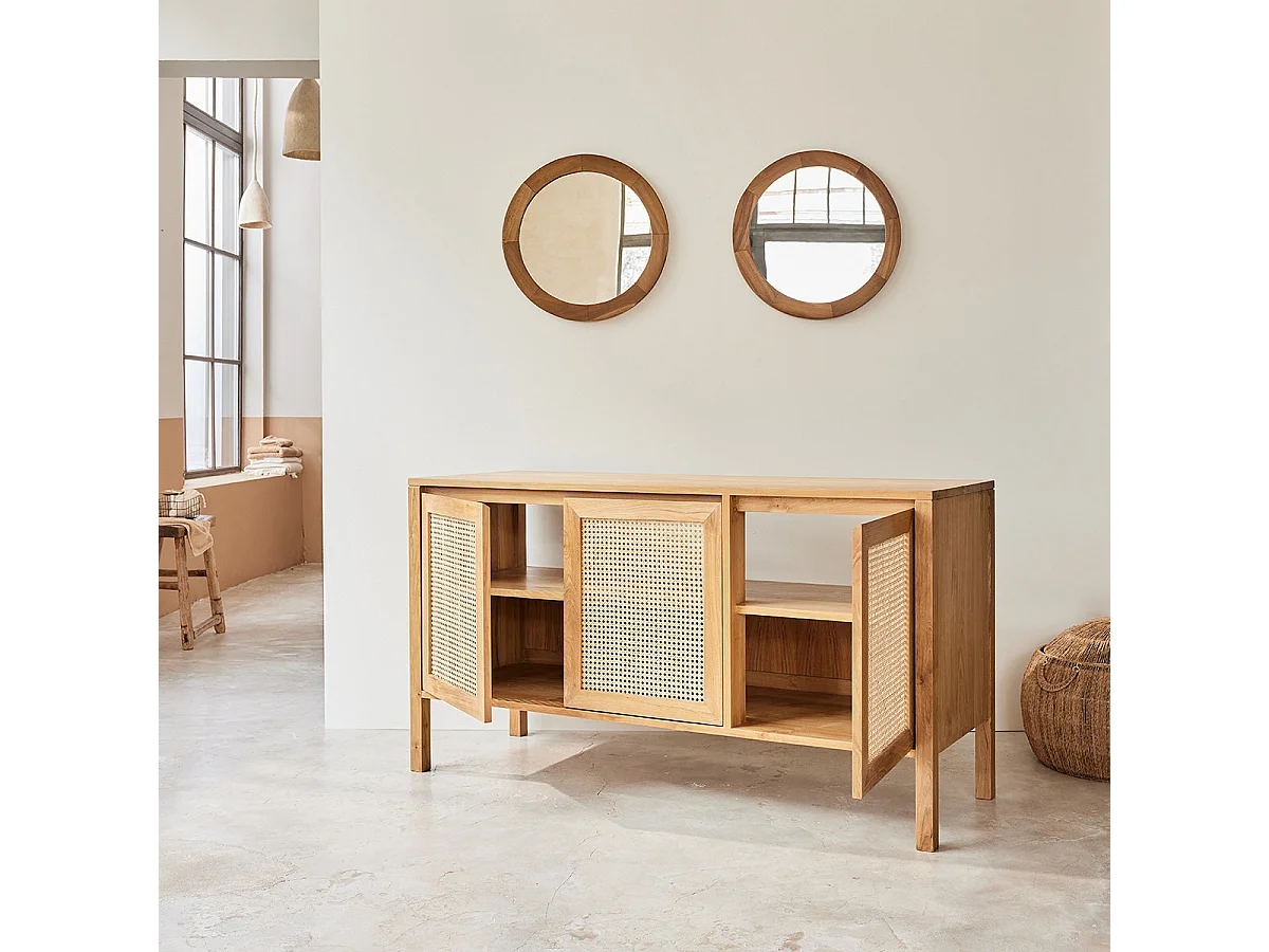Meuble sous vasque en teck massif et cannage 145 cm