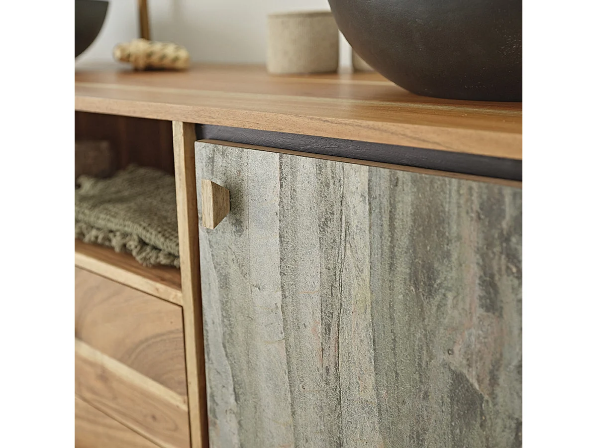 Mueble de baño de madera de acacia y piedra