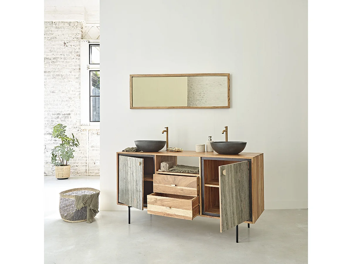 Meuble de salle de bain en acacia massif et pierre naturelle