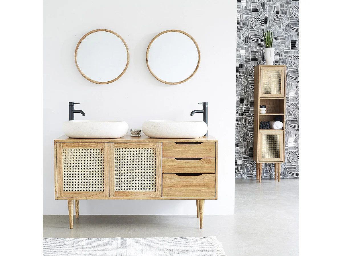 Mueble de baño doble de madera de mindi maciza y rejilla de 135 cm
