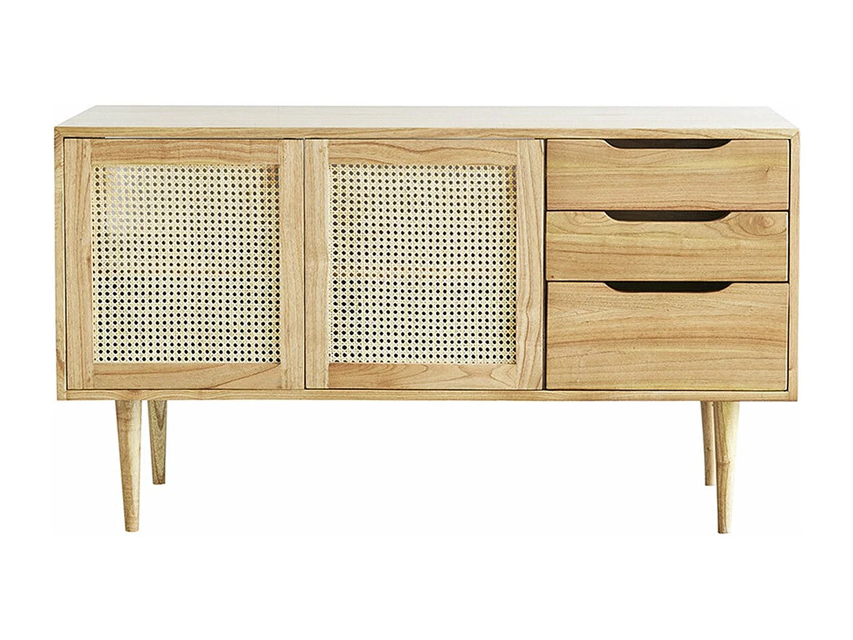 Mueble de baño doble de madera de mindi maciza y rejilla de 135 cm